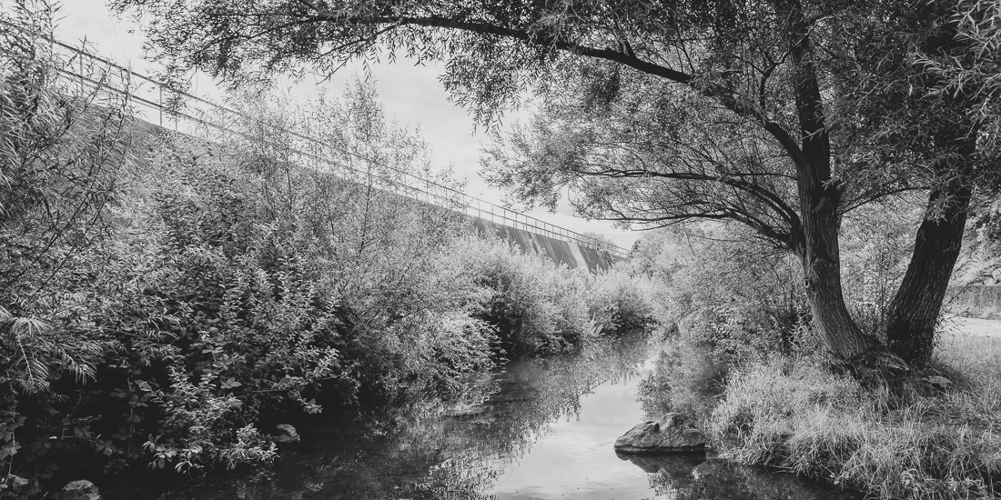 Wienfluss/Mauerbach, flussaufwärts gesehen, Höhe Lindheimgasse, 1140 Wien. 
2023 © Herbert Koeppel - Kat. No. D20230809